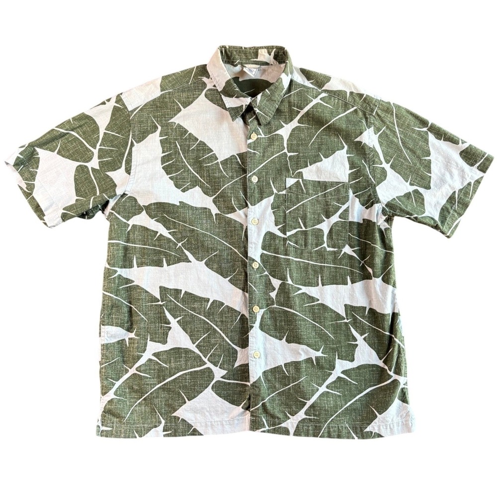 Old Navy Mens Large Hawaiian Button Down Shirt Tropical Leaf Print Short Sleeve